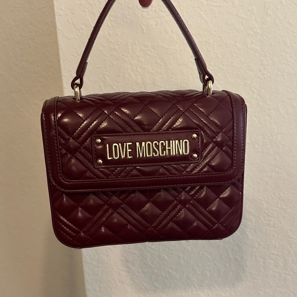 Love Moschino Dark Red Quilted Mini Bag with long strap